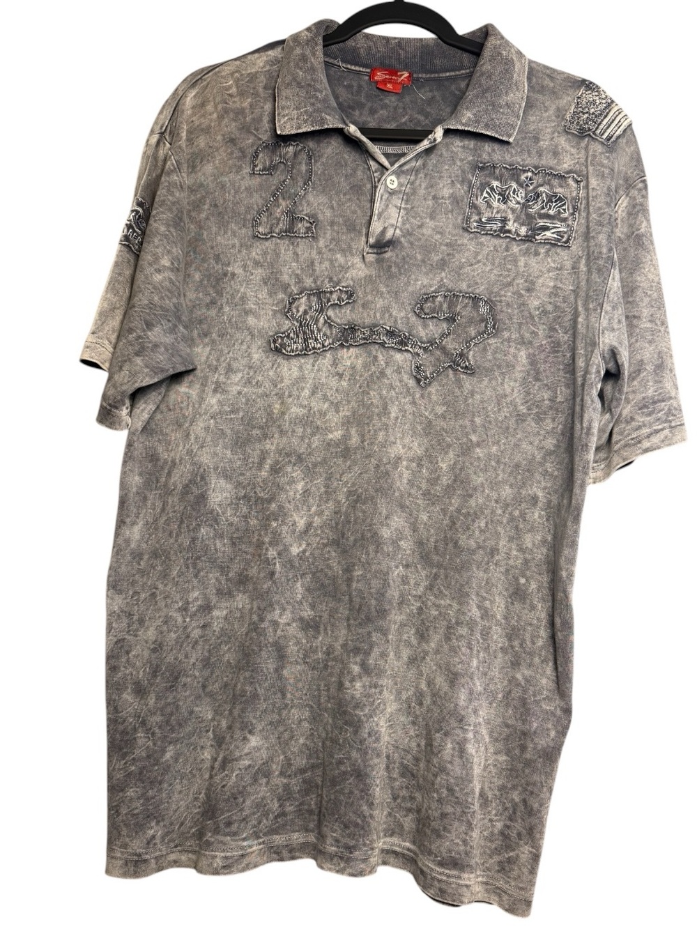 Seven7 Men's Y2K Gray Acid Wash Polo Shirt Patchwork Bear California Size‎ XL